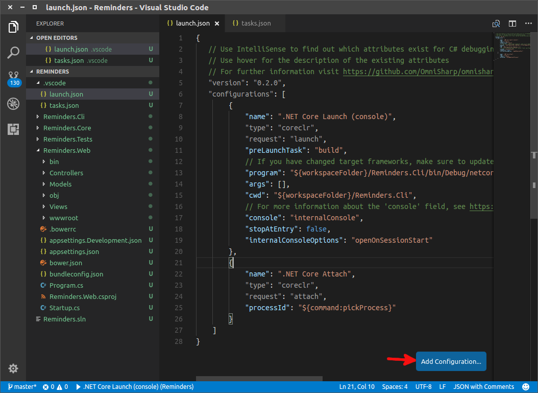 Controller json. Launch.json. Asp Linux. Launched using local dotnet.